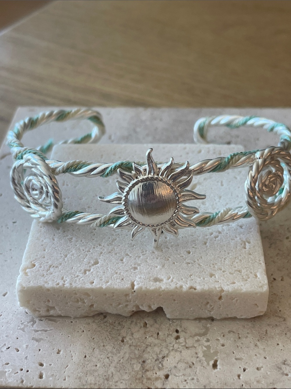 Sun Motif Silver-Tone Cuff Bracelet with Twisted Mint Accents